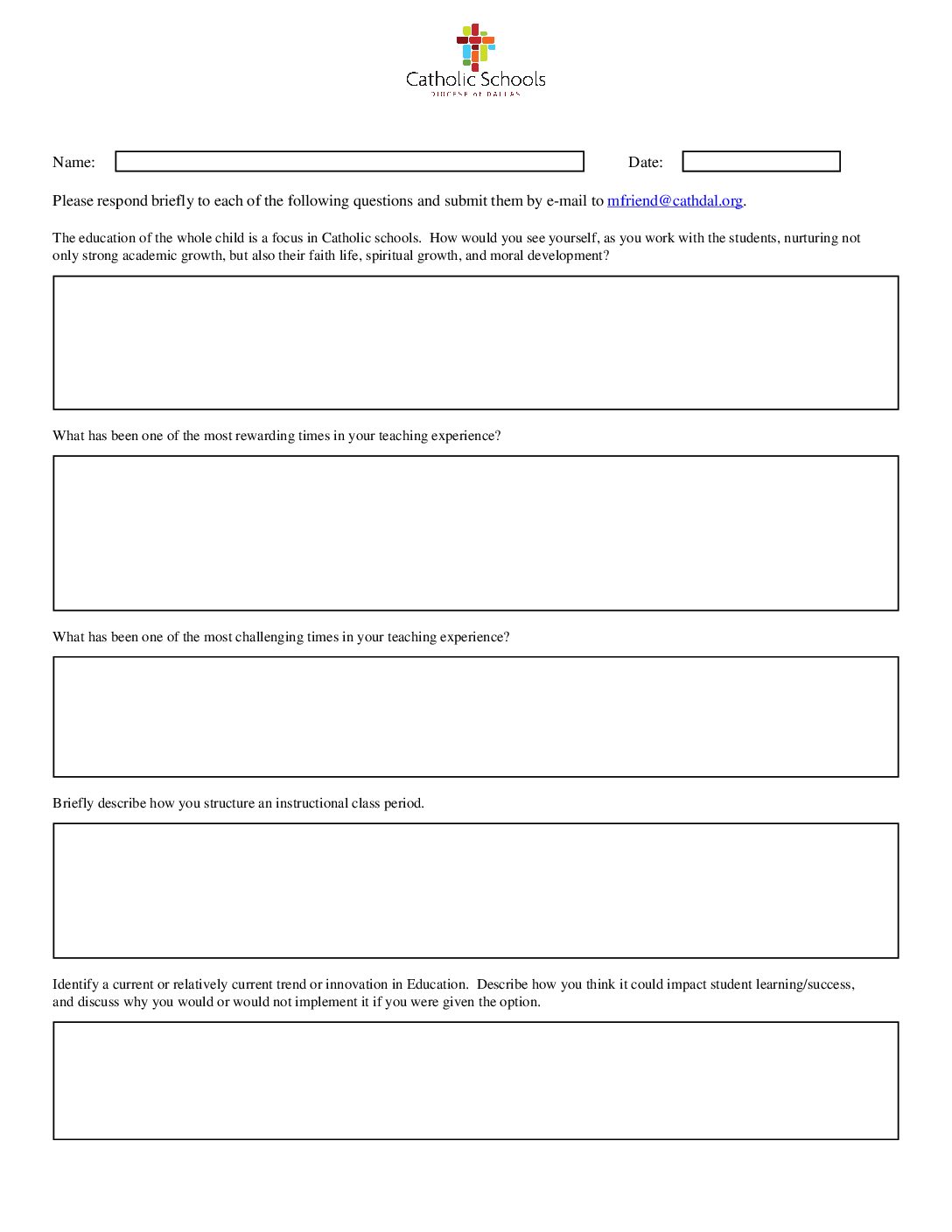 Download applicant questionnaire - Catholic Schools in the Diocese of ...