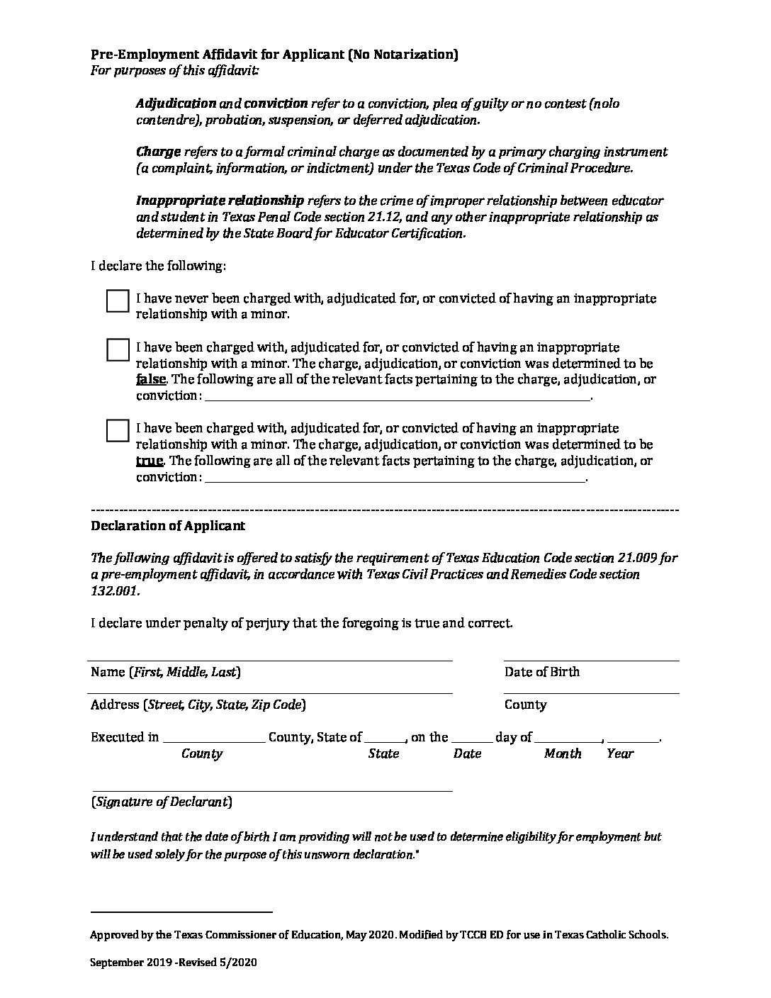 Pre-employment Declaration 20200527 - Fillable - Catholic Schools In 